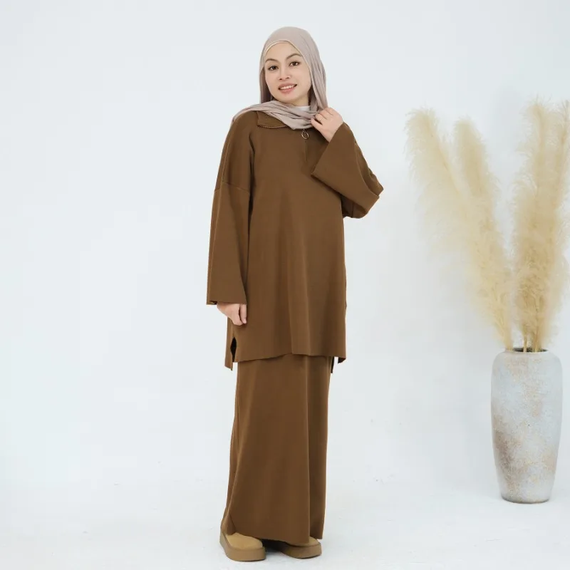 

Muslim Sets for Women 2 Piece Set Modest Knit Zip Pullover Sweater Long Skirt Outfits Islam Clothing Dubai Abaya Dress