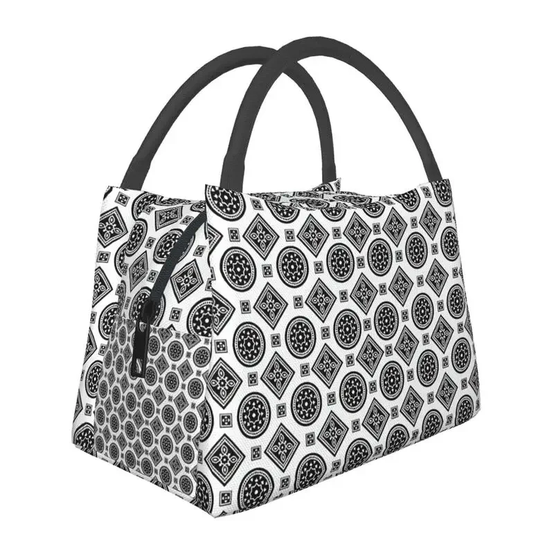 

Black And White Ajrak Pattern Insulated Lunch Tote Bag for Women Geometric Cooler Thermal Food Lunch Box Outdoor Camping Travel