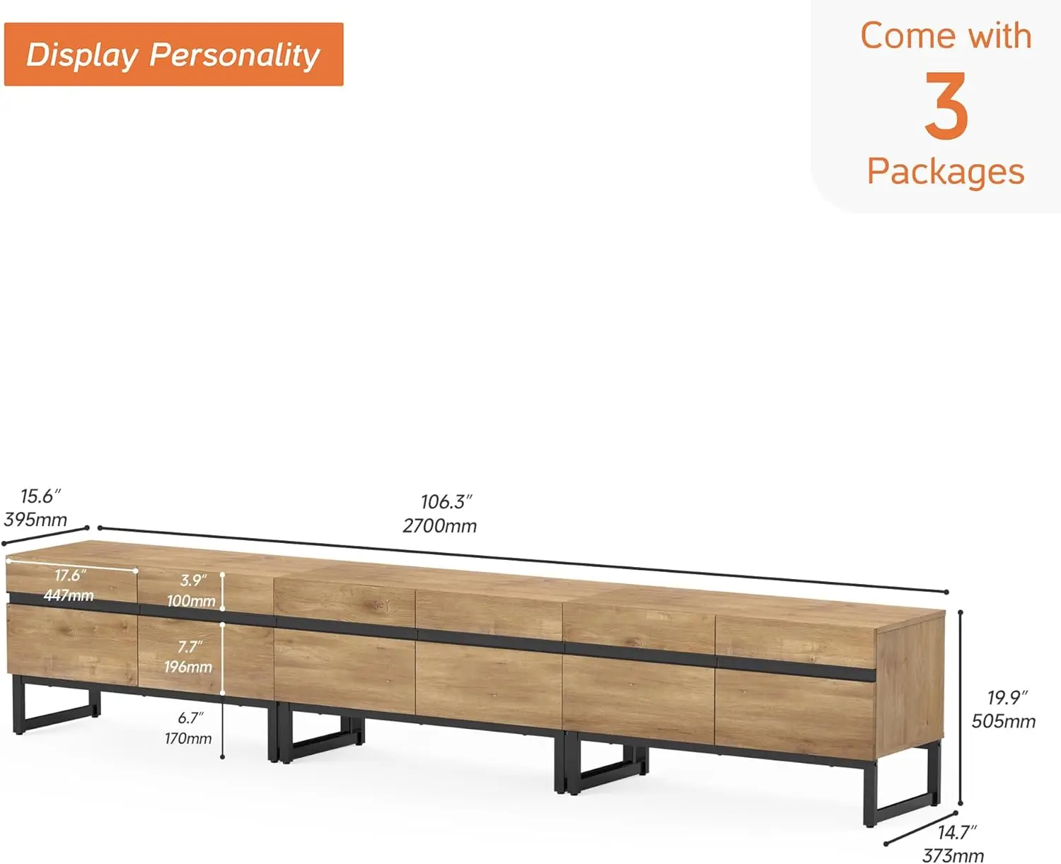 Modern TV Stand for TVs up to 110 inch, 3 in 1 Entertainment Center TV Console with Storage Cabinets and Metal Base, Oak