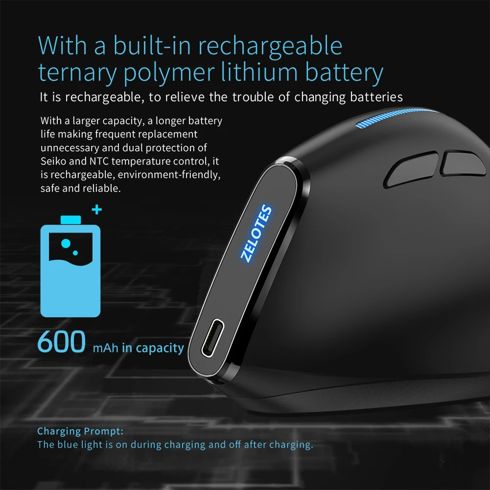 

ZELOTES Ergonomic Vertical Mouse 2400 DPI Adjustable F-36A Wireless Rechargeable Mice Desktop Computer Accessories