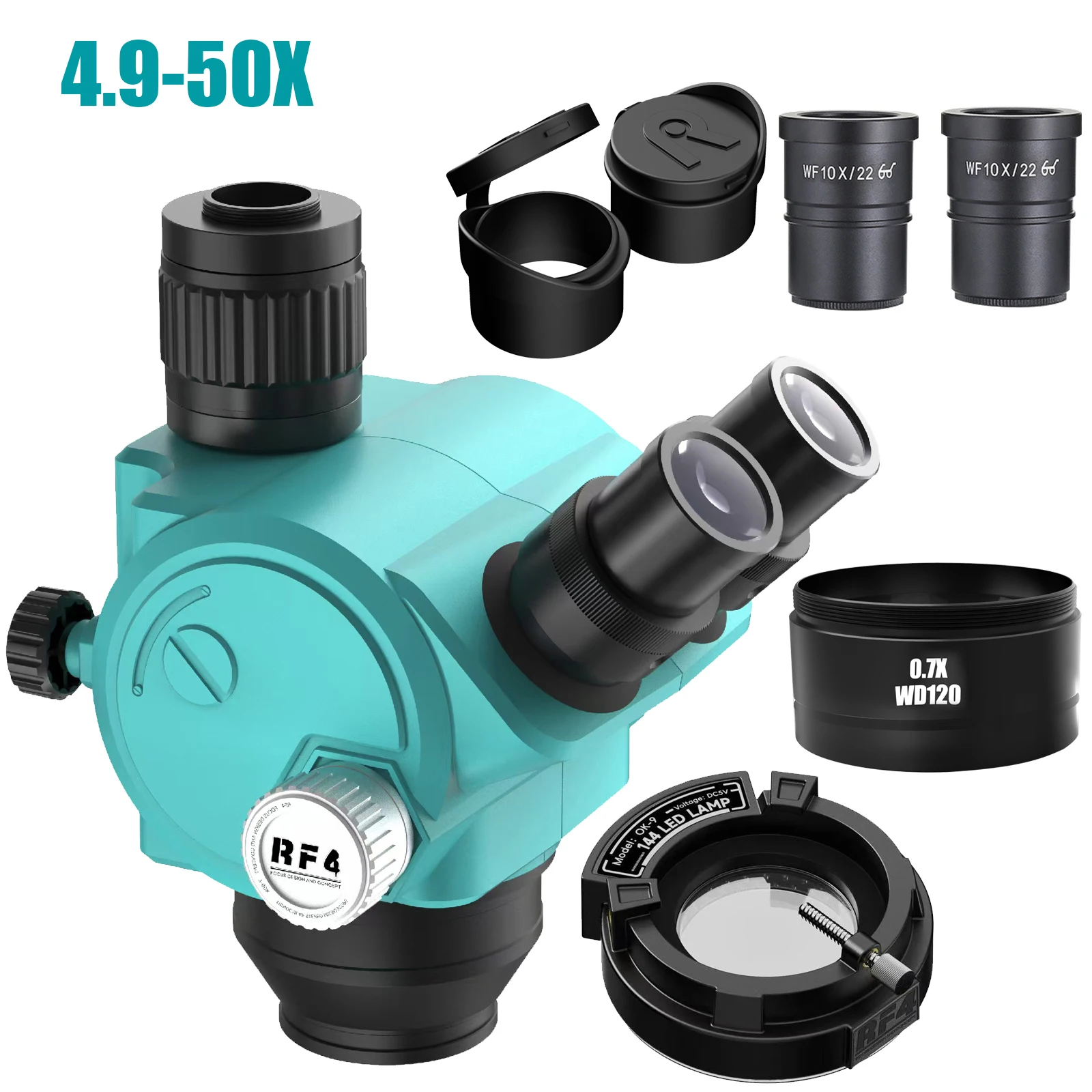 RF4-PX5 Trioculaire Microscoopkop 4.9-100X Selecteerbare Continue Zoom Stereoscopische Oculair Mobiele Telefoon Lasinspectie Tool