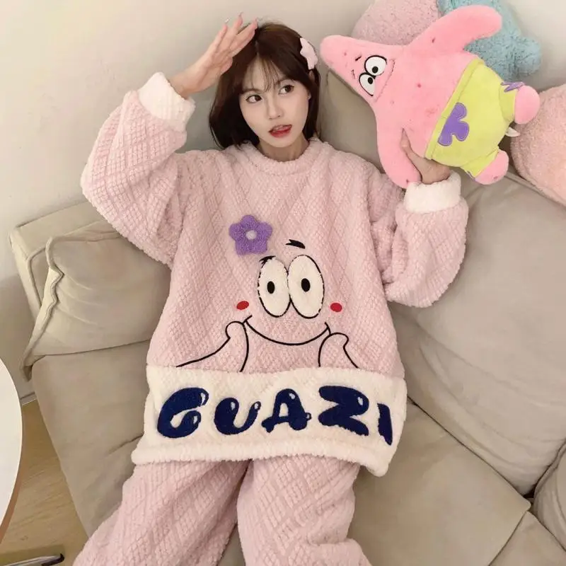 

Cute Patrick Star Coral Velvet Cartoon Pajamas for Women Winter Plus Velvet Thickening Warmth Casual Wearable Home Clothes Set