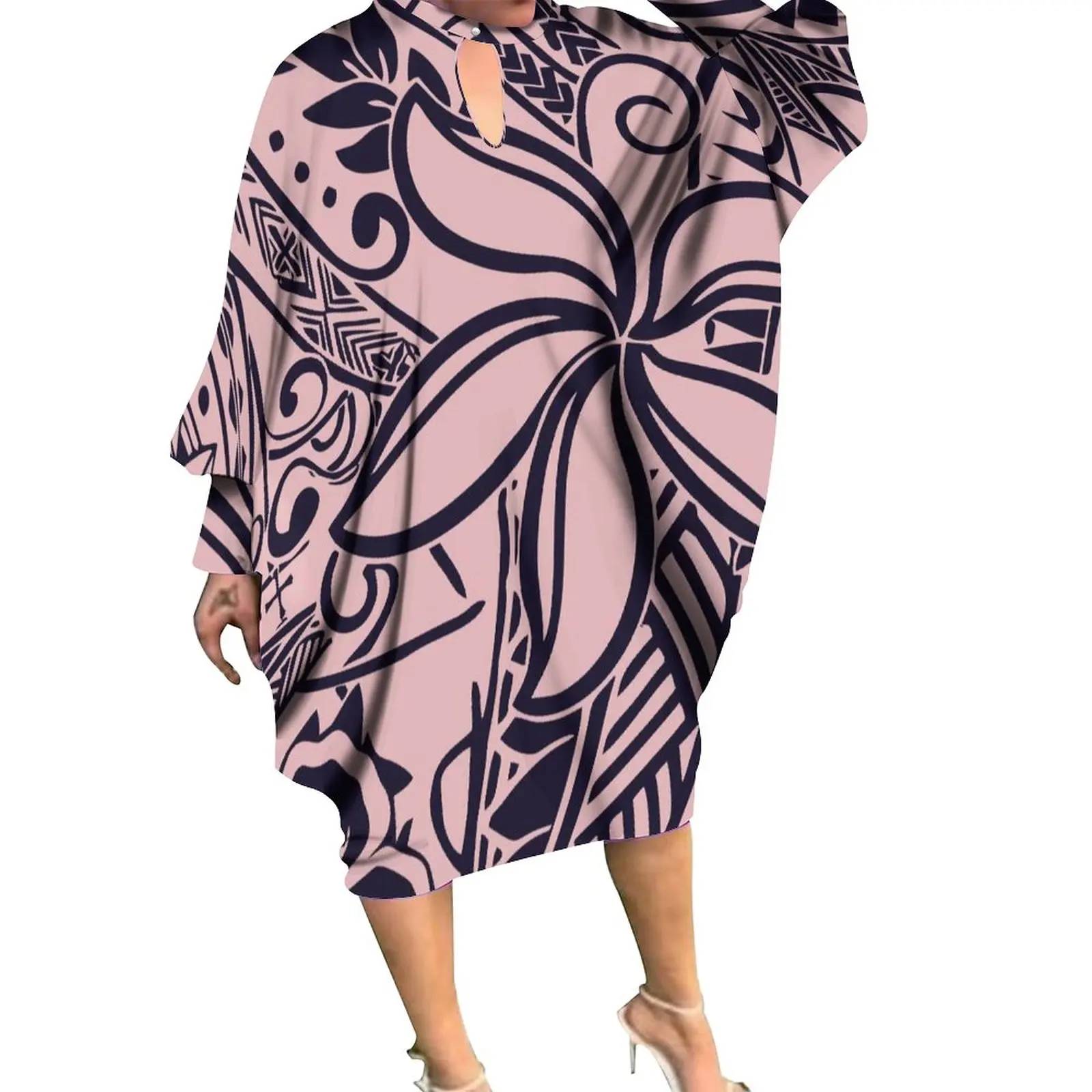 Pacific Island Design Loose Casual Womens Dresses Tapa Print Long Ponchos Dress Lantern Long Sleeve Dress