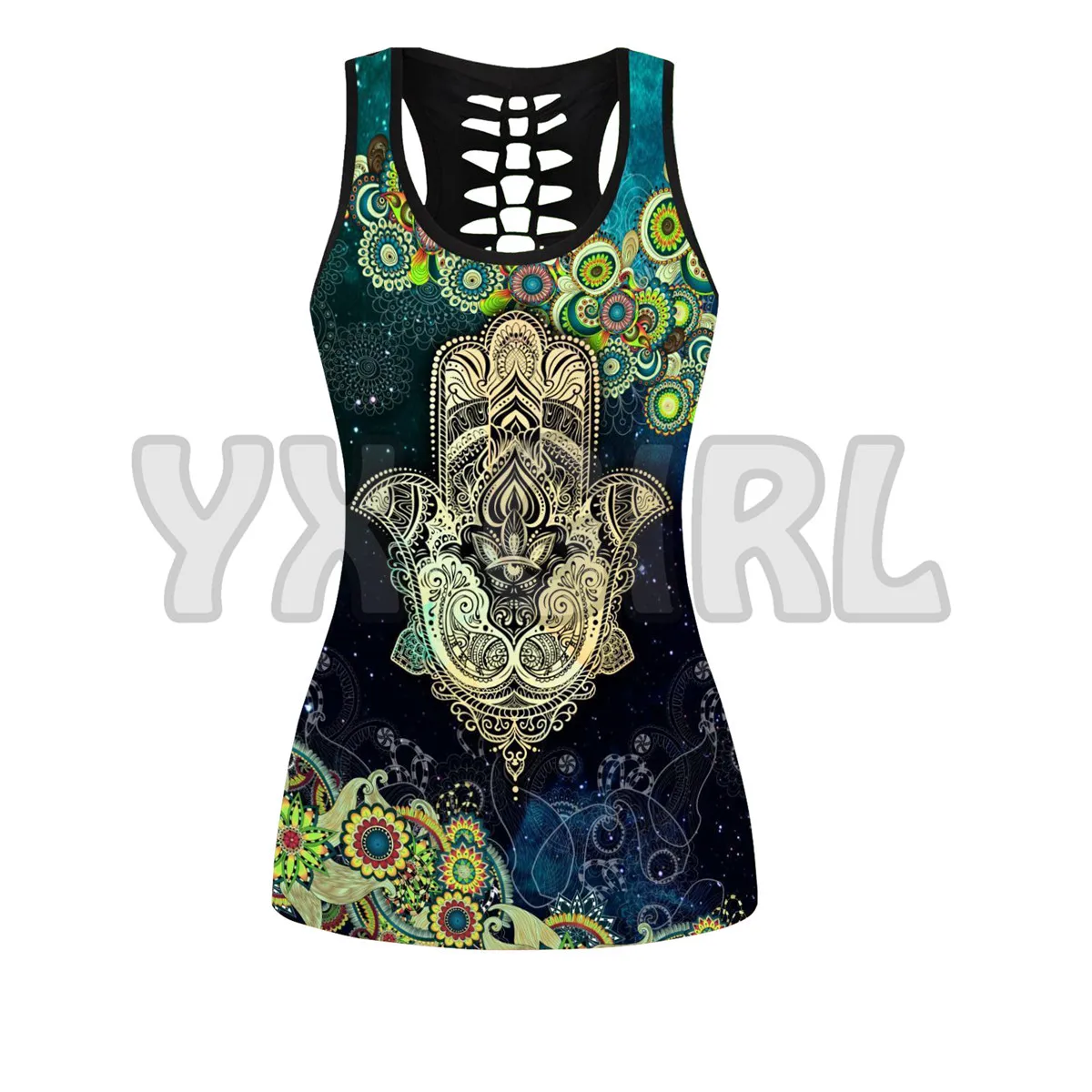 Hamsa mão yoga 3d impresso tank top + legging combinação outfit yoga fitness legging feminino