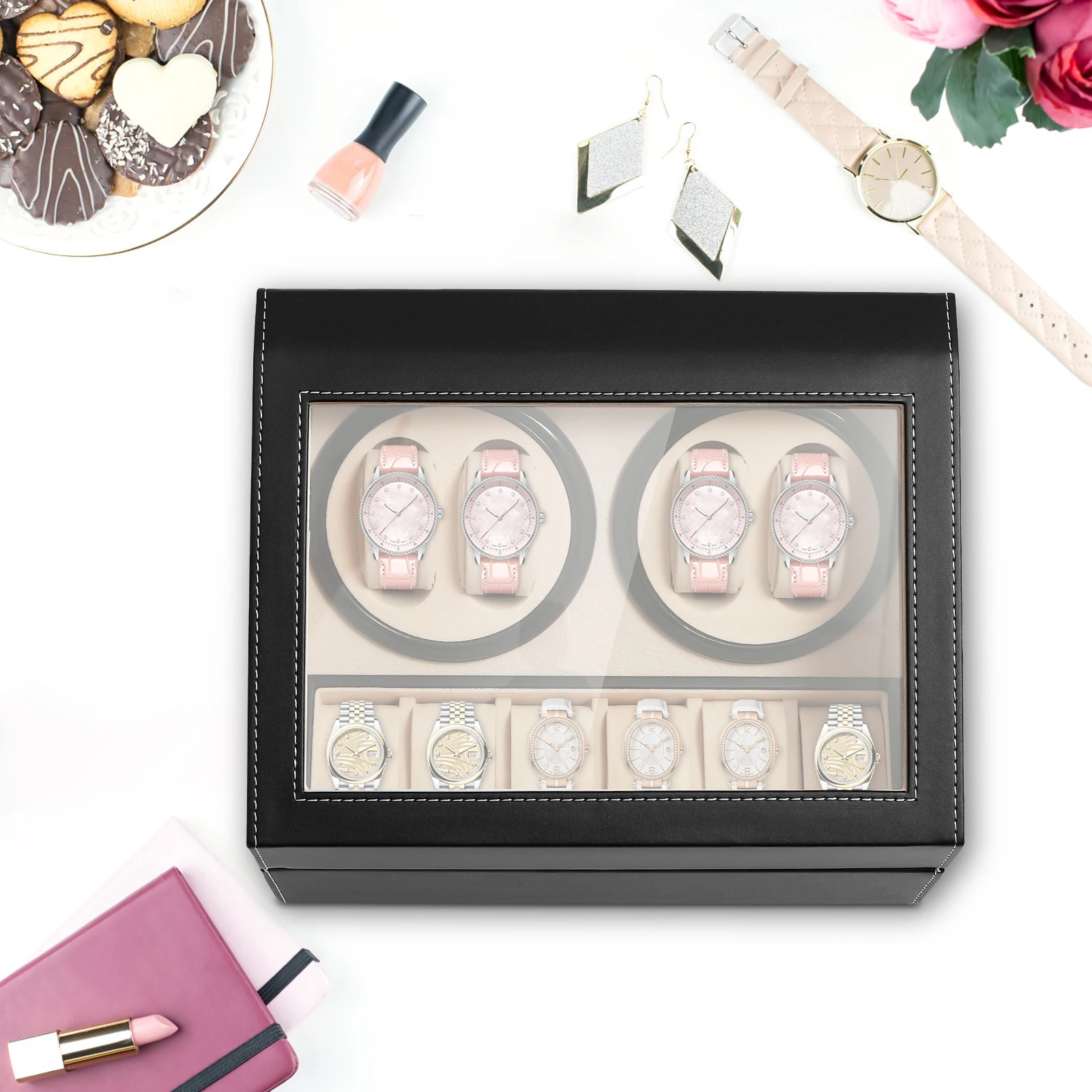 4 + 6 بني/أسود ملفاف ساعة دوران تلقائي تخزين جلدي ساعة عرض صندوق حامل لعرض المتجر ، ديكور المنزل #4