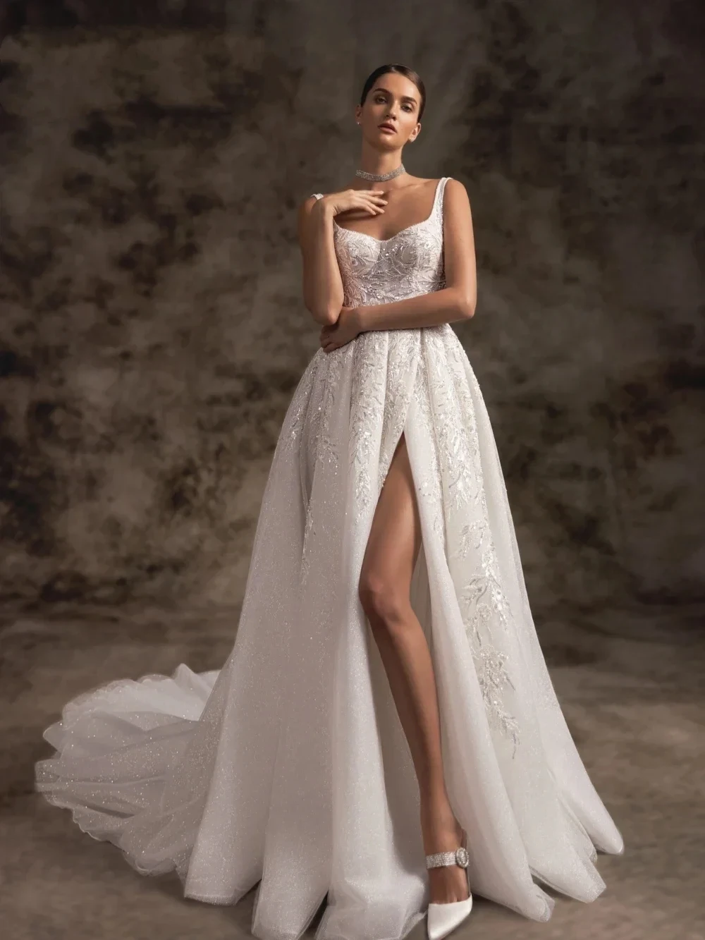 Customized Elegant And Shiny A-Line Lace Decal Women's Wedding Dress Sexy Backless Side Slit Party Bridal Gown Vestido De Novia