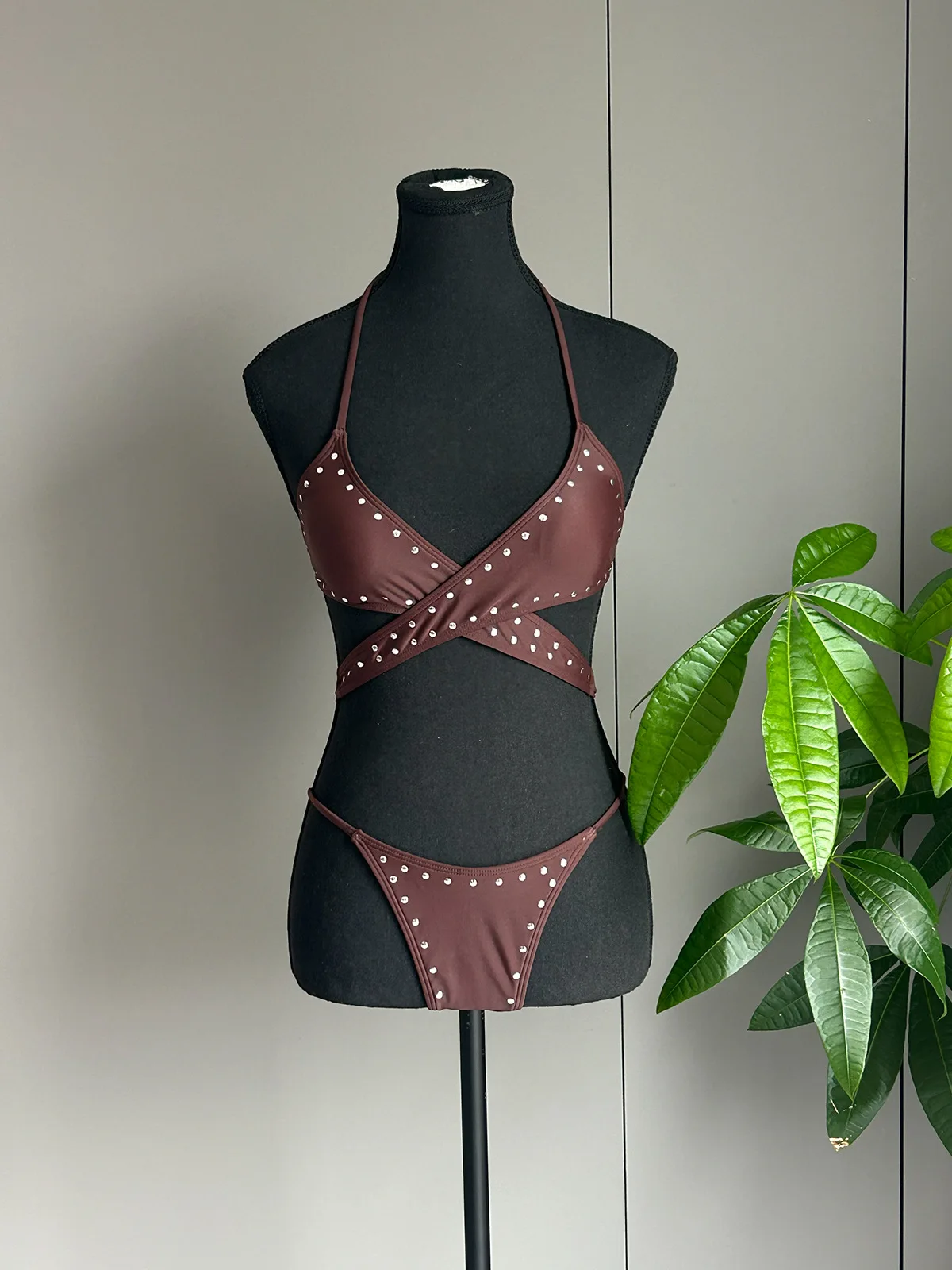sexy brown white dot cross backless tie bikinis sets two pieces thong swimsuits bathing suit swimwear trikini biquini tankini