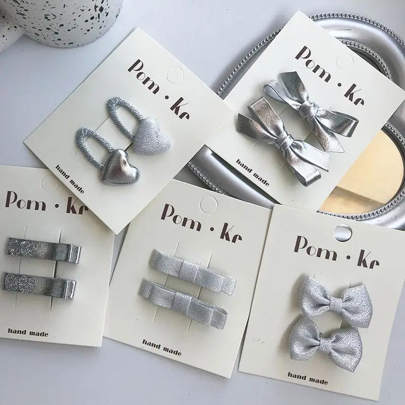 

2pc Korea Fashion Glitter Silver Color Baby Bowknot Hair Clips Hair Pins Kids Heart Hairpins BB Barrettes for Girls Headwear