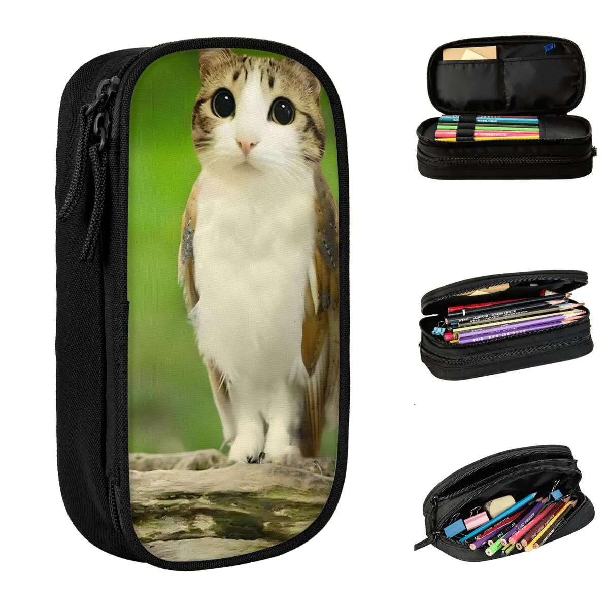 Stiftbox mit großem Fassungsvermögen, Meowl Cat Owl Meme, Bürobedarf, doppellagiges Federmäppchen, Schreibwaren, Make-up-Tasche für Damen, tolles Geschenk