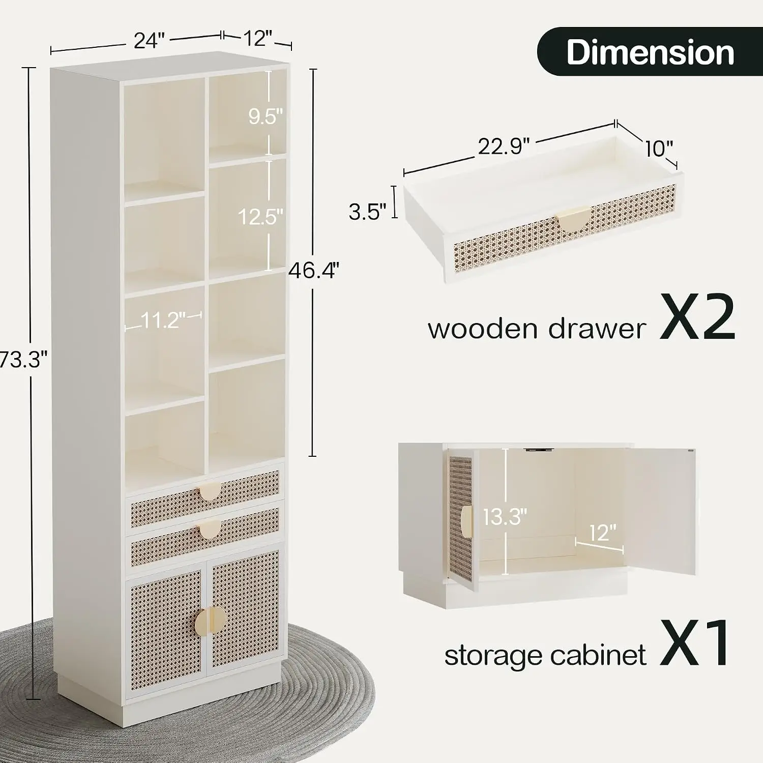 White Rattan Bookcase with 2 Drawers & Doors 8 Cubes Tall Wooden Bookshelf for Home Office Living Room Study, Customized