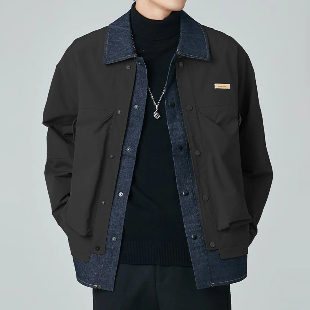 Mens High-Grade Denim Patchwork Jacket Coat Spring And Autumn New Fashion Trend Loose Lapel Fake Two-Piece Workwear Tops Men