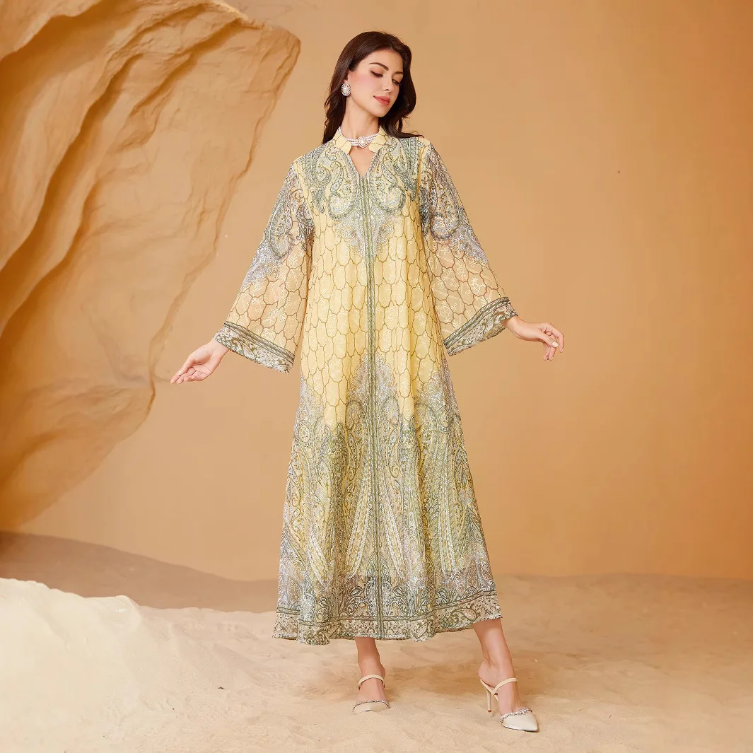 

241101 Women's Long Robe With Embroidered Fabric, Printed And Embellished With Traditional Dressess, Women's Long Dress Elegant