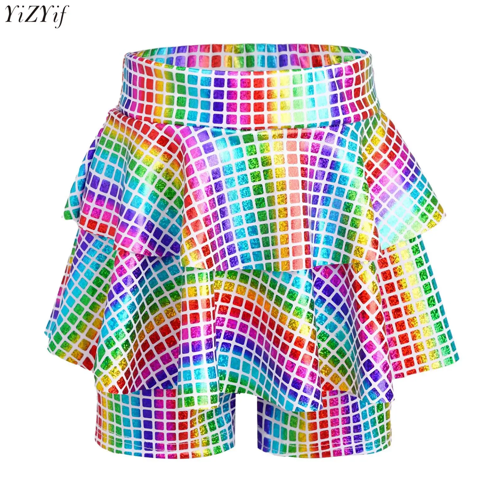

Kids Girls Jazz Dance Skirted Shorts Elastic Waistband Shiny Metallic Plaid Culotte for Cheerleading Dance Performance Costume
