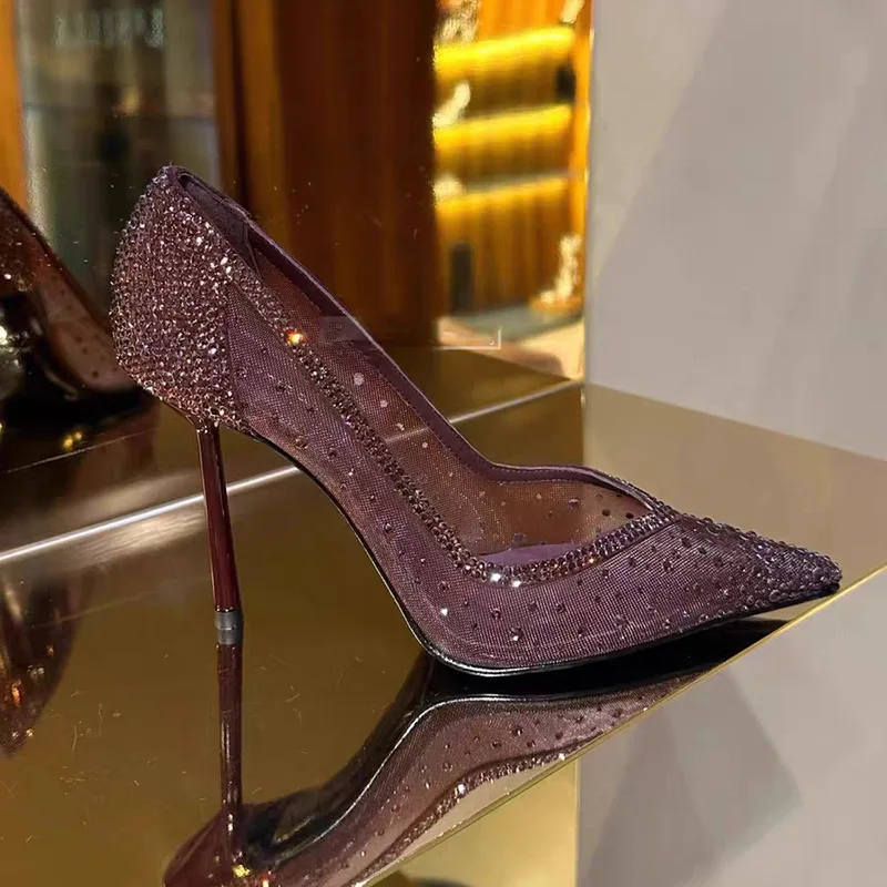 2026 Summer New Purple Red Water Diamond Pointed Toe Thin High Heels Women Pumps Fashion Shining Mesh Shallow Mouth Single Shoes