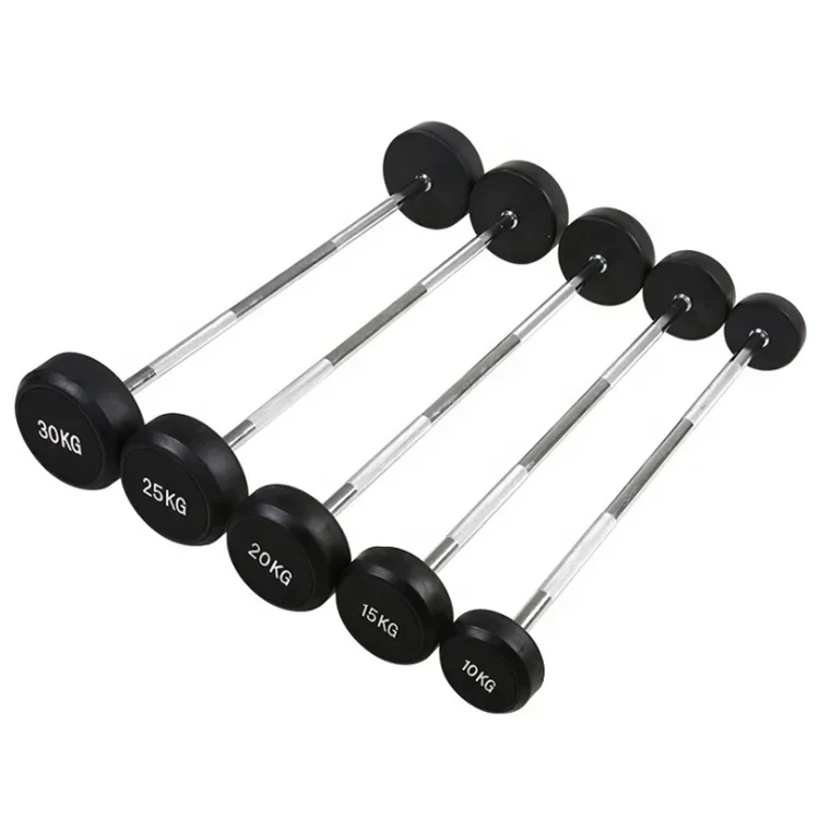 Rubber Round Shape Straight Fixed Barbell Weightlifting Rubber Coated Cast Iron Solid Barbells Free Weight