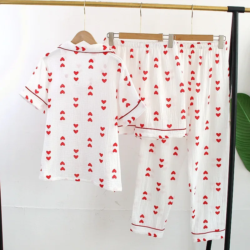 100% Crepe Cotton Female Sleepwear Summer Women Pajamas 3 Pieces Set Bedroom Set Short sleeved long pants + shorts Woman Pijama