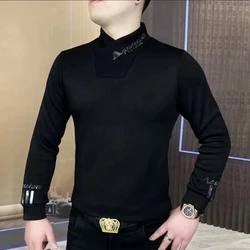 Men's New Long-sleeved T-shirt Top with Velvet to Keep Casual Fake Two-piece Bottoming Shirt Versatile Sweatshirt