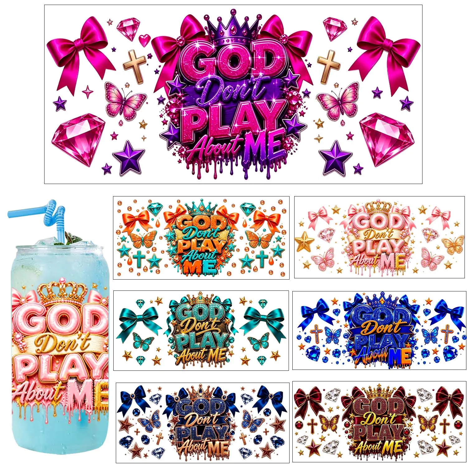 God Don't Play About Me 16oz UV DTF Transfer Sticker Waterproof DIY Decals 3D Transfers UVDTF Sticker 16oz UV DTF Cup Wraps
