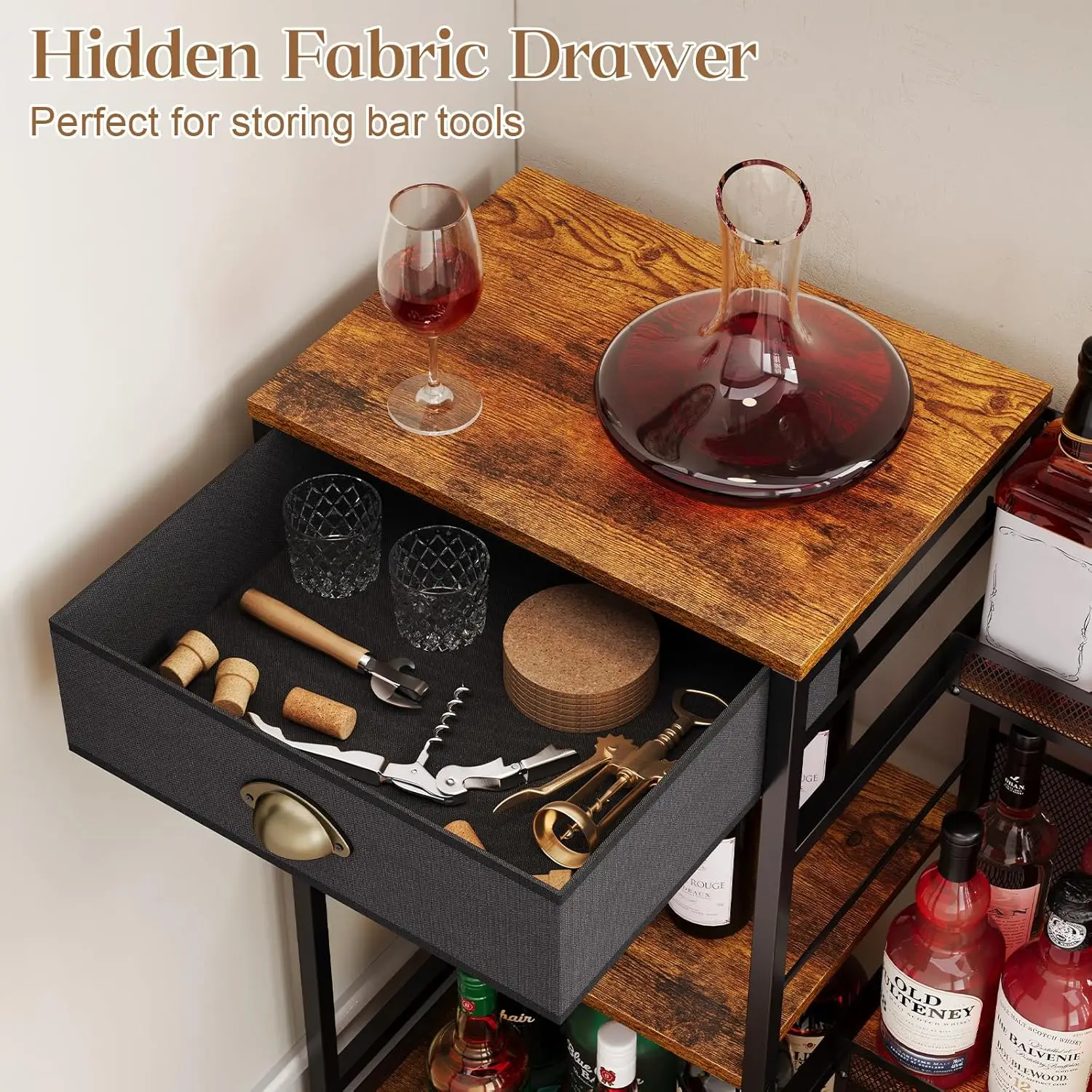 Barra de armário de bebidas para casa com gaveta, rack de vinho de 3 camadas independente e prateleira de vinho com design de degrau para uísque, à venda