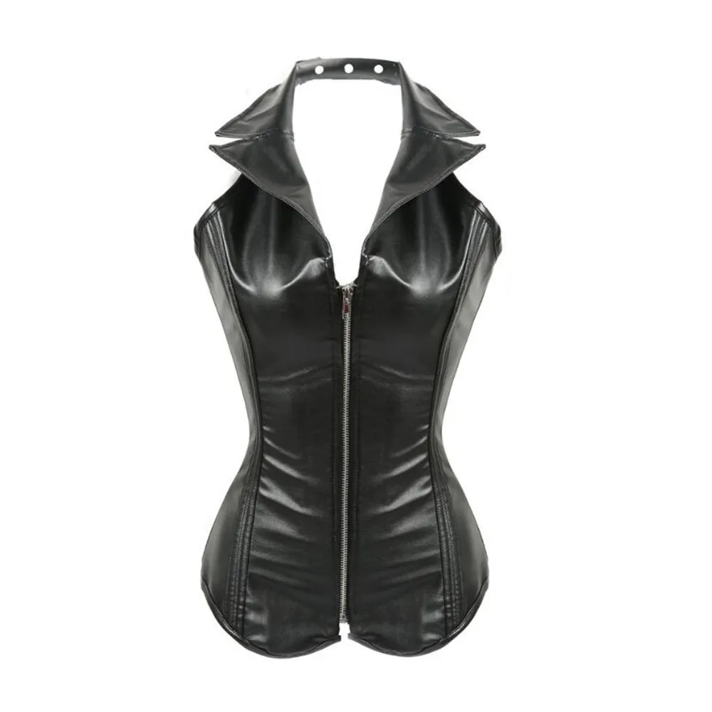 

Steampunk Overbust Corset for Women Bustier Zip Leather Corset Sexy Gothic High Collar Corselet Steel Boned Slimming Body Shaper