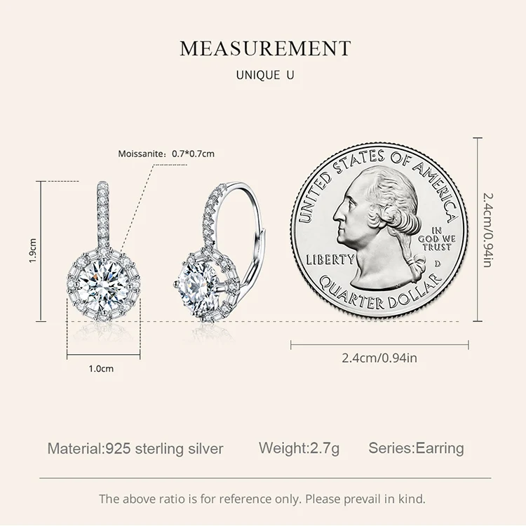 Bamoer 1CT D Color VVS1 EX Moissanite Hoop Earring S925 Sterling Silver Cut Round Diamond Piercing Ear Buckle for Women Girl