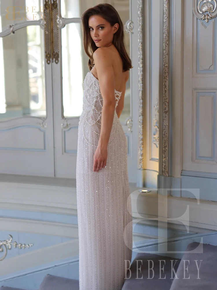 BEBEKEY فستان زفاف بعمود مطرز بالترتر اللامع فستان رسمي لحفلات الزفاف الفاخرة فستان زفاف مخصص