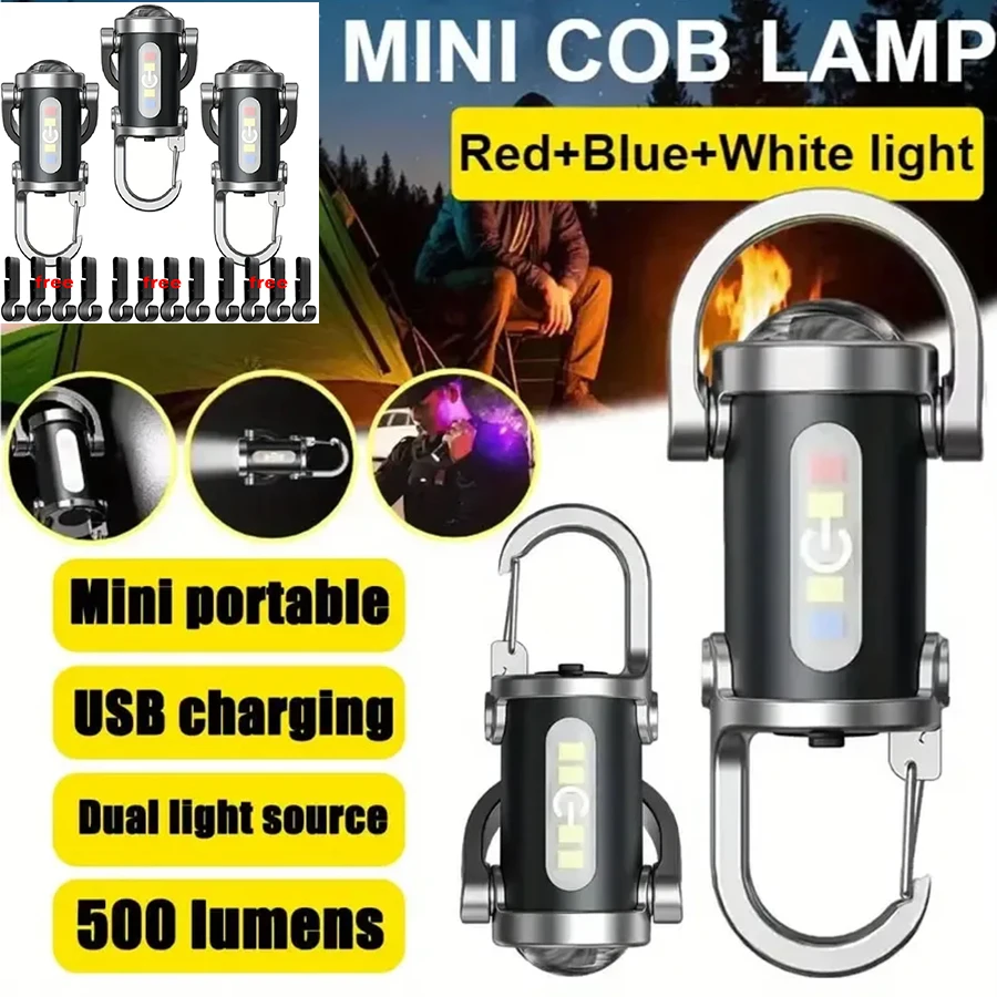 Mini Keychain Flashlight Rechargeable Pocket COB Working Light Outdoor Hook Emergency Warning Light for Camping Walking Hiking
