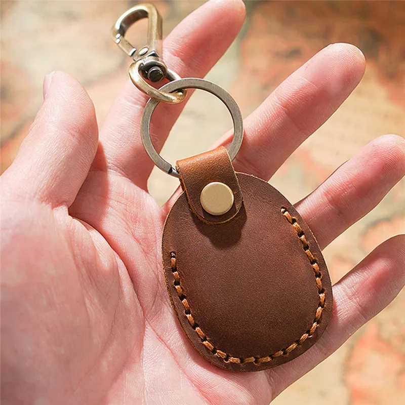 Vintage Leather Access Card Holder Keychain Round Water Drop Access Cards Protective Case Fashion Keyring Card Bag