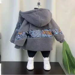 Boys and Girls' Thickened Hooded Coat Autumn and Winter New Fashionable Children's Cotton Clip Lamb Wool Cotton Clothes