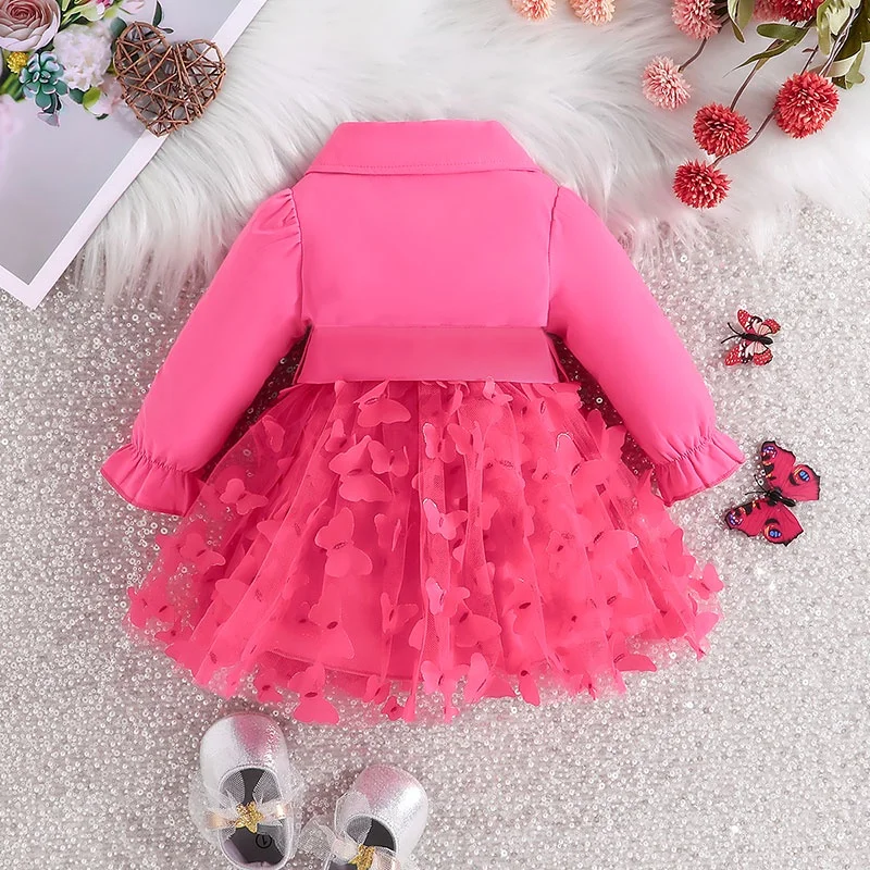 Dress For Kids 3-24 Months Long Sleeve Cute Butterfly Embroidery Mesh with Belt Princess Button Dresses For Newborn Baby Girl