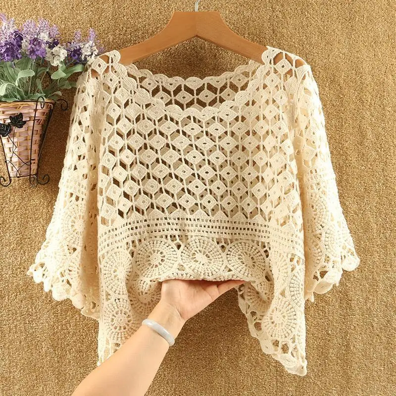 ฤดูร้อนผ้าฝ้ายโครเชต์ Openwork เสื้อสวมหัวผู้หญิงหลวมพอดีจับคู่ปกปิดเสื้อป้องกันแสงแดด