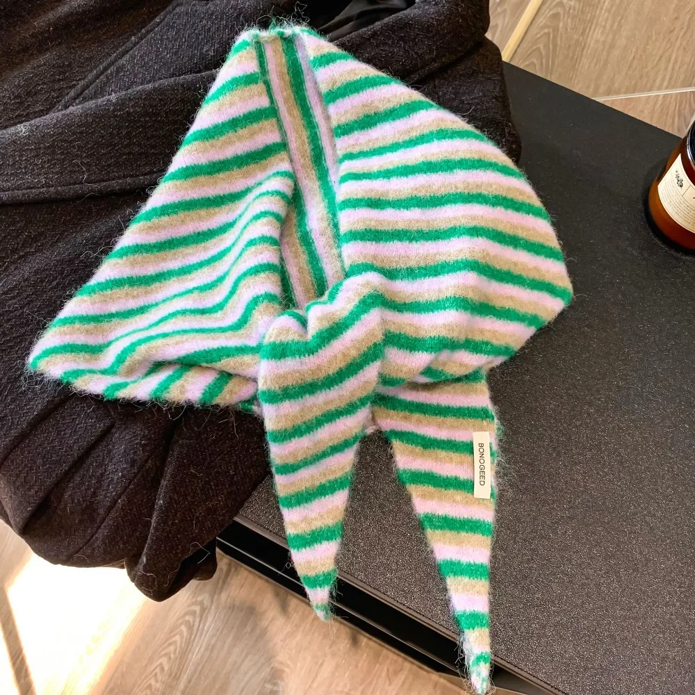 

Модный универсальный вязаный треугольный хиджаб, теплый полосатый узор, шаль, шарф, мягкий зимний шейный платок, зимний сезон, женский платок