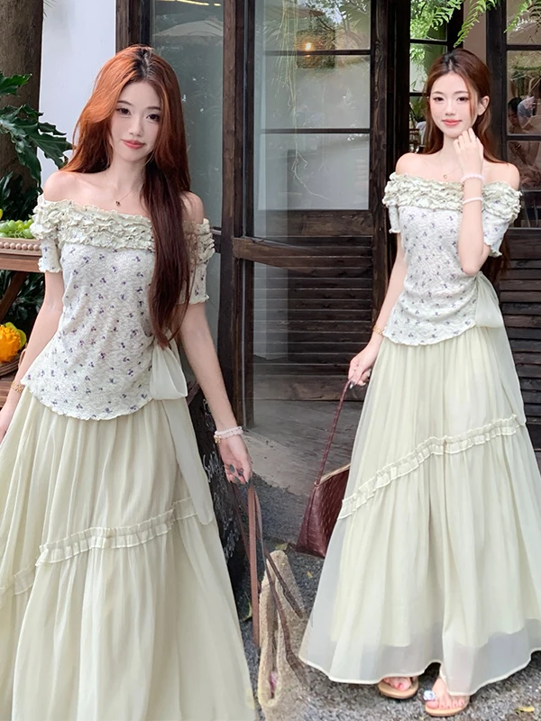 

plus Size Summer Floral Print Short Sleeve Top And High Waist Skirt Two Piece Set Slimming Effect Korean Style Sweet And Yout...