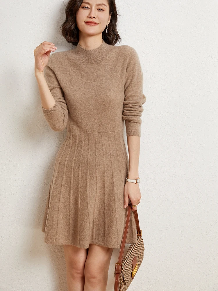 

100% Pure Wool Sweater Knitted Pullover Dress Women's Mock Neck Soild Knee-length Dress Slimming Versatile Skirt Autumn Winter