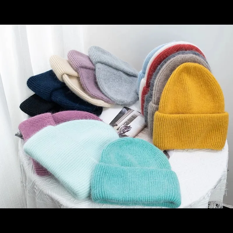 New Winter Hat Candy Color Rabbit Fur Fashion Simple Baggy Cap Plush Thermal Knit Cold Hat Pullover Hat