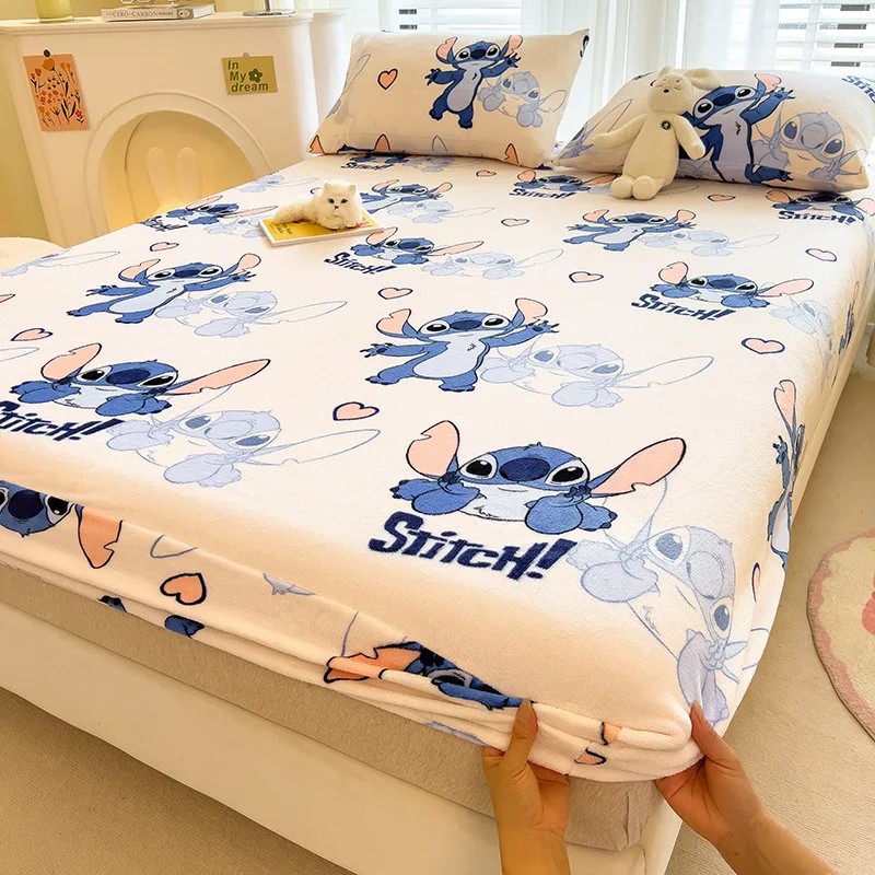

Mickey Disney Bedspread Three Piece Set Stitch Coral Fleece Fitted Sheet Anime Mattress Protective Cover Dust-Proof Bedspread