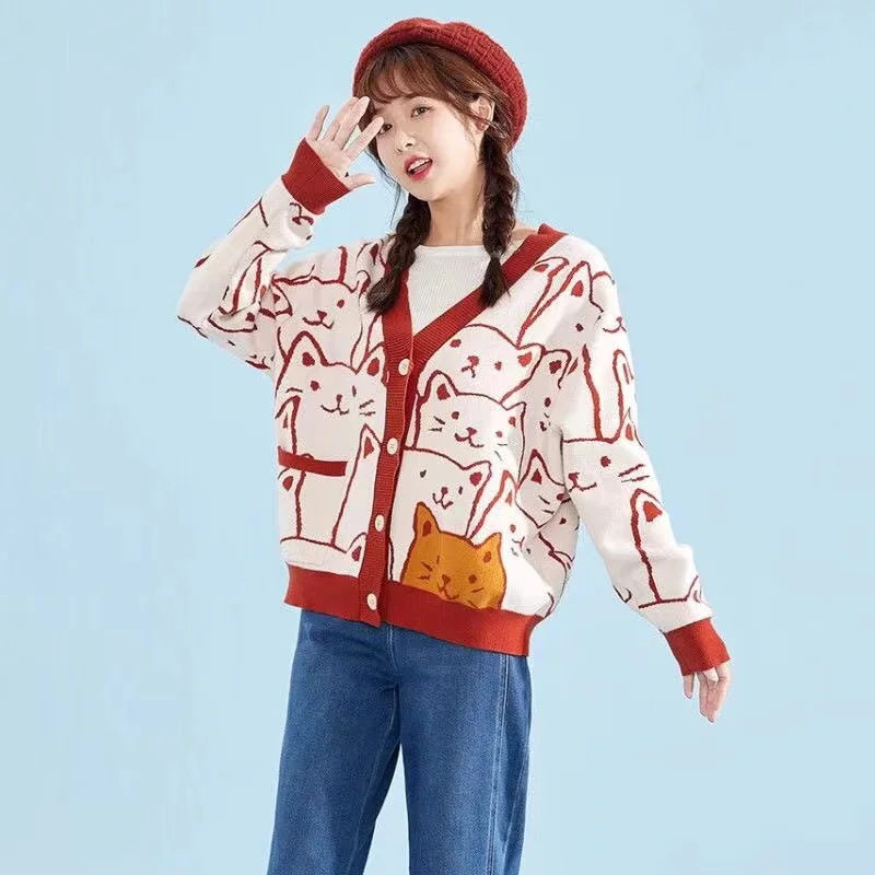 Women\'s Cartoon V-Neck Cardigan Sweater, Long-Sleeved Knitted Coat, Cute Cat Retro, Professional Fashion, Winter, New, 2024