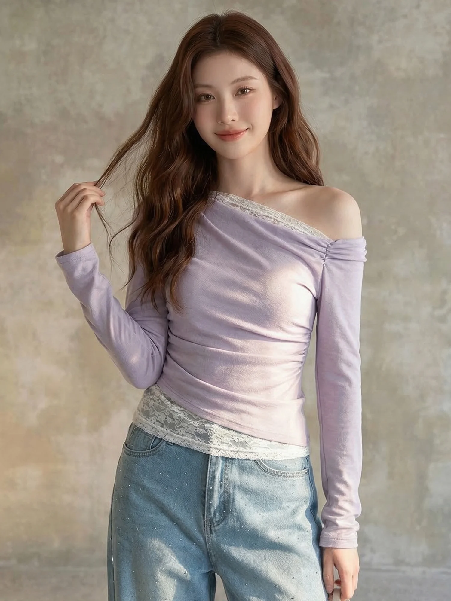 

Элегантная женская футболка с длинным рукавом и кружевными вставками, весенняя, фиолетовая, приталенная, с завышенной талией, в повседневном стиле, модная