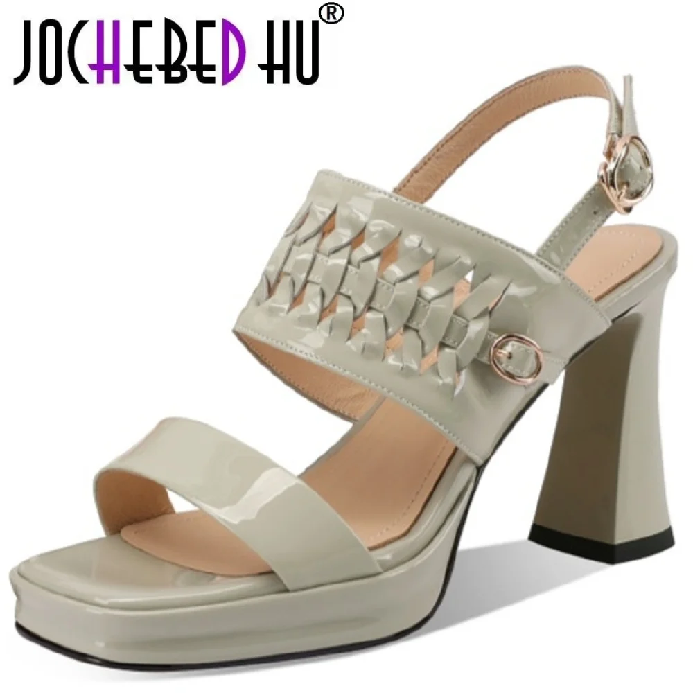 

【JOCHEBED HU】Women Handmade Genuine Leather Cross High Heels Sandals Summer New Party Shoes Buckle Sandals
