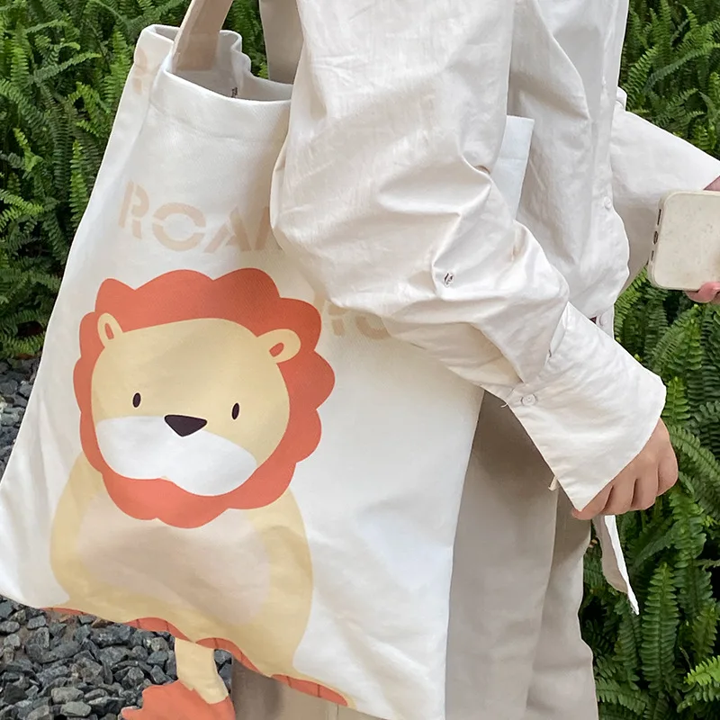 Cute Panda Lion Canvas Shopping Eco Bag Simple Minimalism Designer Tote novità Animal Print due spallacci all'ingrosso