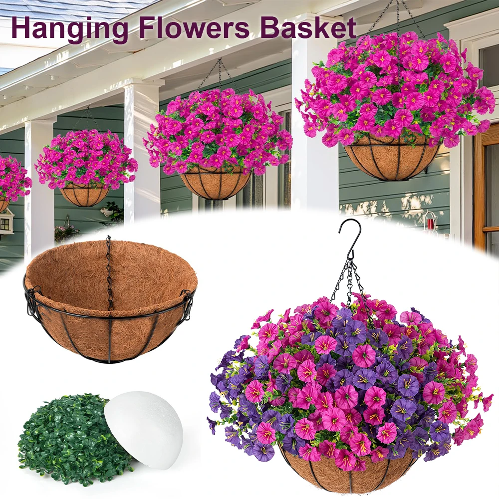 Artificial Hanging Morning Glory Flowers with Basket Set Outdoors UV Resistant Fake Plants for Wall Home Garden Porch Yard Decor