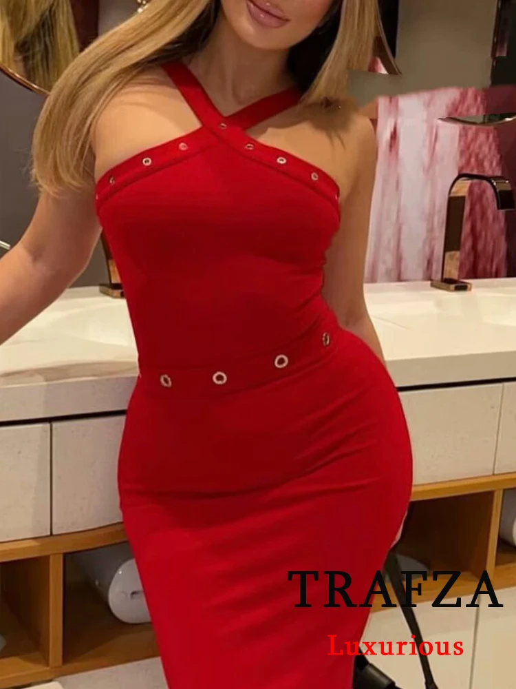 TRAFZA-body Vintage Sexy para mujer, monos cortos ajustados sin mangas de color rojo liso, monos femeninos de tubo para primavera y verano 2025