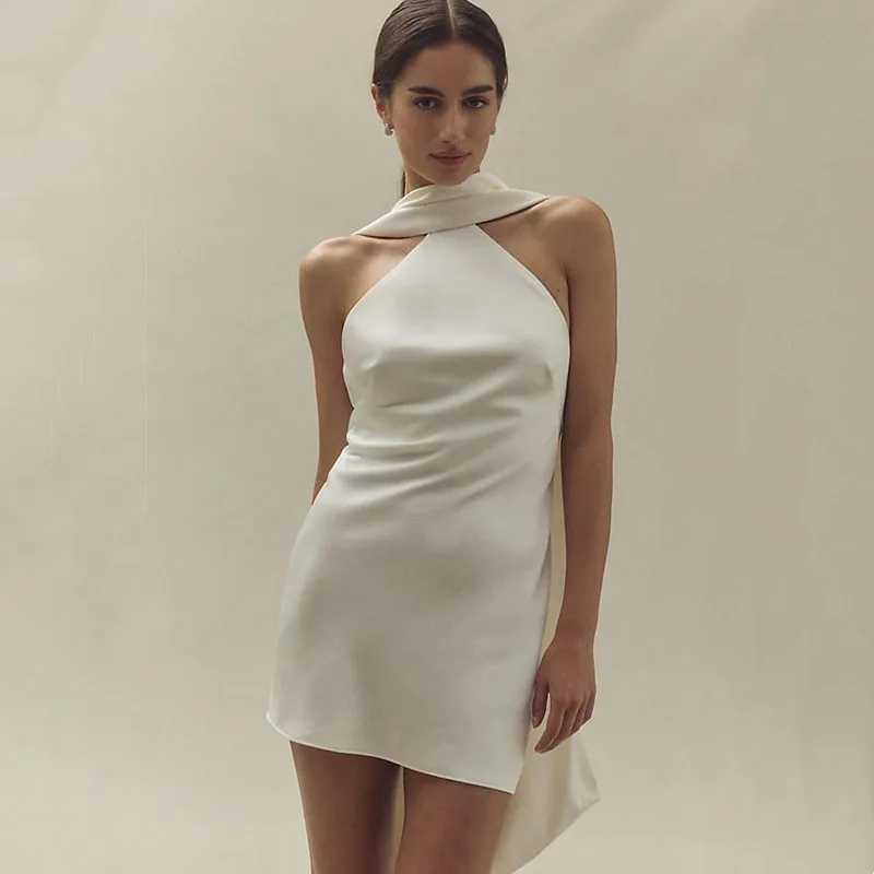 

Simple Ivory Mini Wedding Dress Pleat Sexy Halter Sleeveless Bride Dresses Illusion Open Back Short Sheath Prom Gowns Customized