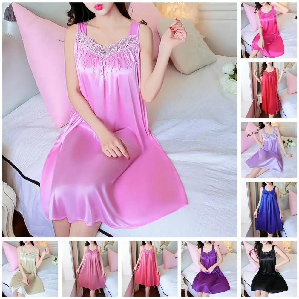 Trendy Lady Pajamas Comfortable Silky Flower Applique Wear-resistant Night Dress