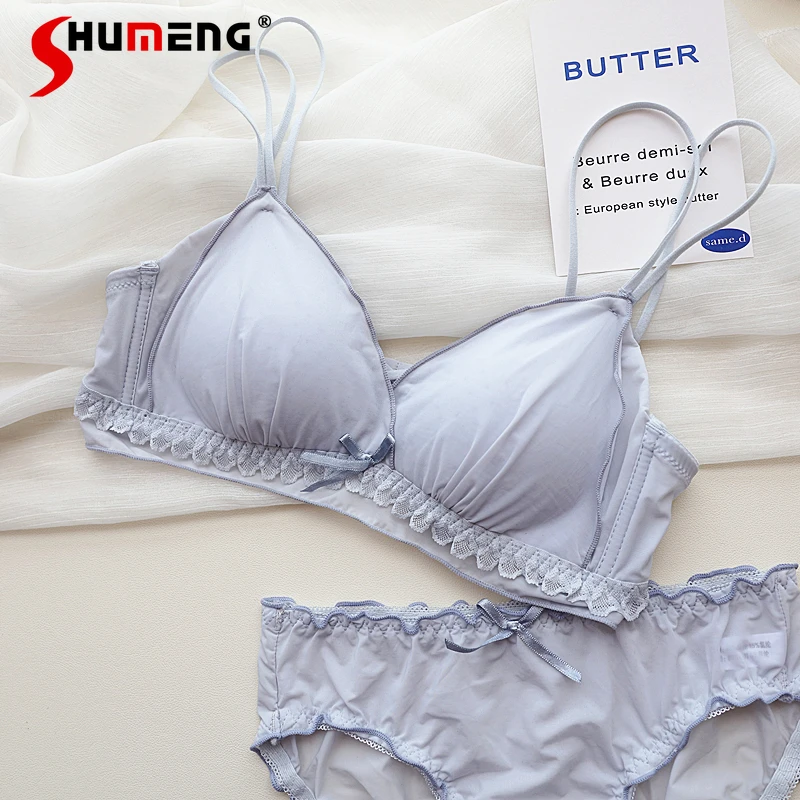 

French Style Thin Cup Girl Underwear Female Wireless Small Chest Gathering Brief Sets Women's Japanese Sweet Bra Set