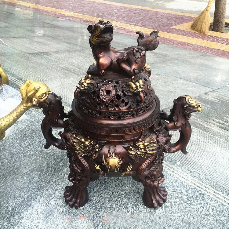 47CM large HOME House Shop hall lobby thriving business money Exorcise evil spirits talisman LION dragon bronze censer statue