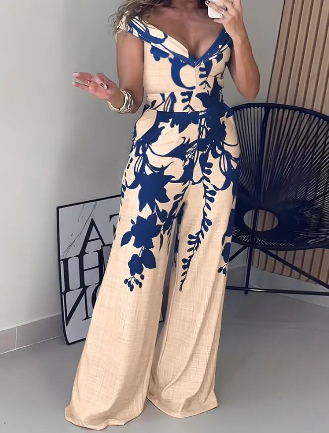 Women's Floral Print Plunge Casual Jumpsuit with Pocket Female One Shoulder Wear Summer New Woman Fashion Daily Long Jumpsuits