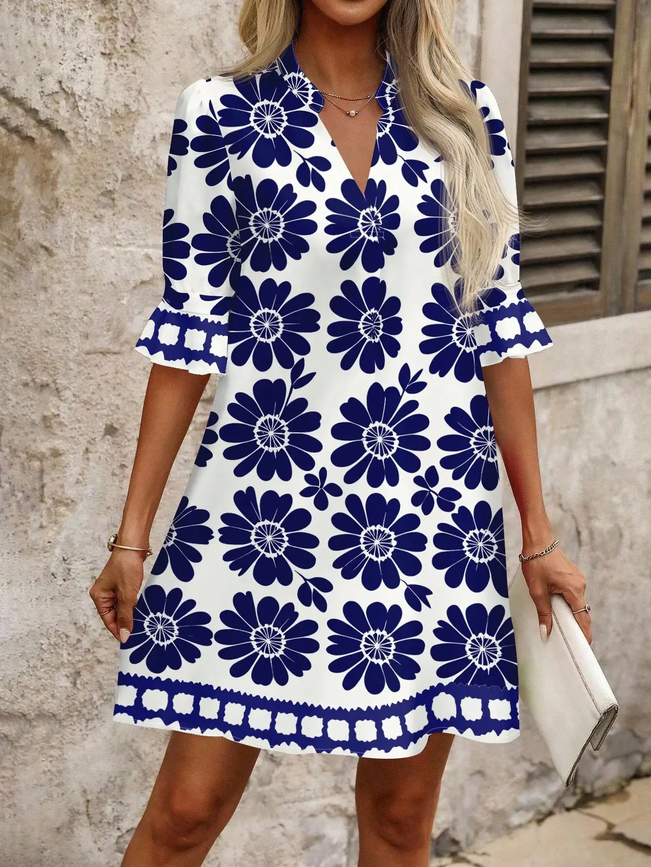

Blue & White Floral Print V-Neck Mini Dress with Ruffle Sleeves for Summer Casual Wear