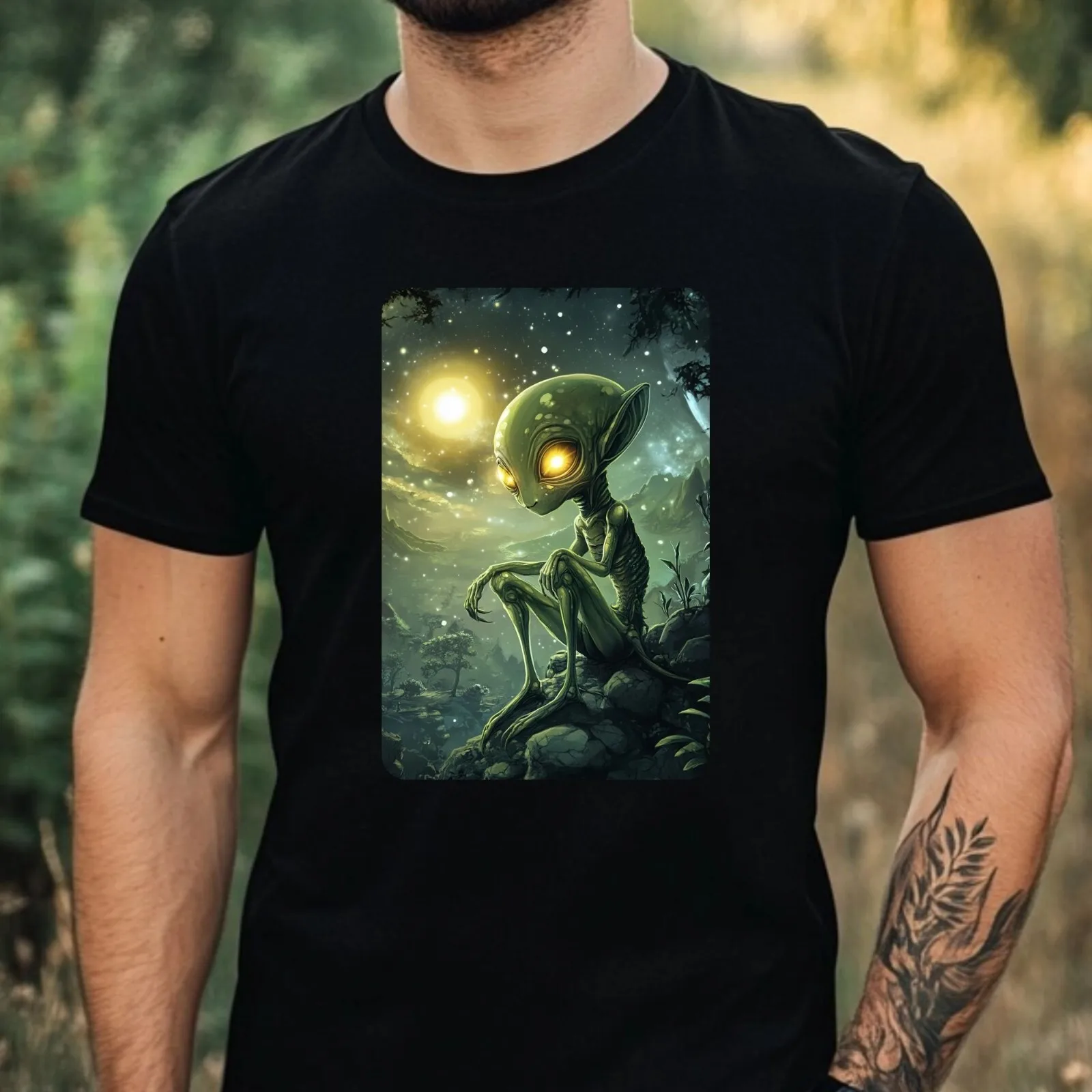 Herren-T-Shirt aus Baumwolle mit Alien-Motiv und leuchtenden Augen, Größe XS bis 5XL
