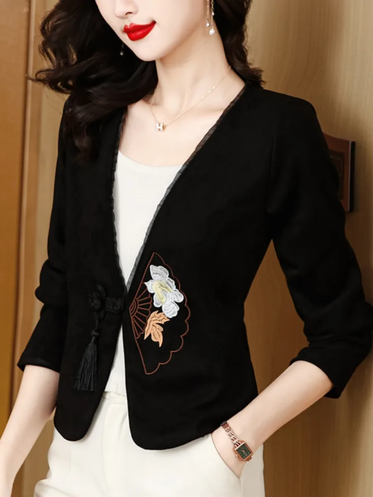 #5343 Black White Vintage Jacket Women Single Button Short Jacket Ladies V-neck Chinese Style Kimono Jacket Cardigan Embroidery